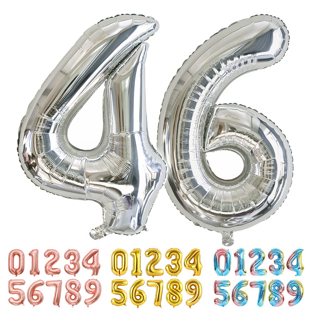 Ponmoo Foil Balloon Number 46/64 Silver, Giant Numbers 0 1 2 3 4 5 6 7 8 9 10-19 20-29 30-39 40-49 50-60-70-80-90-100, Large Balloons for Wedding Anniversary Birthday Party Decoration
