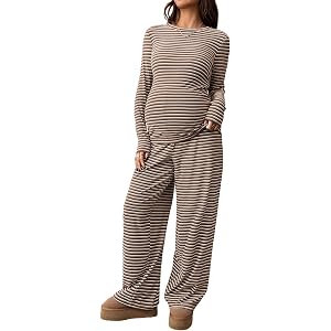 BLENCOT Maternity 2 Piece Outfits Striped Long Sleeve Pregnancy Set | Cozy Lounge Sleepwear for Pregnant Women Autumn Home Ba