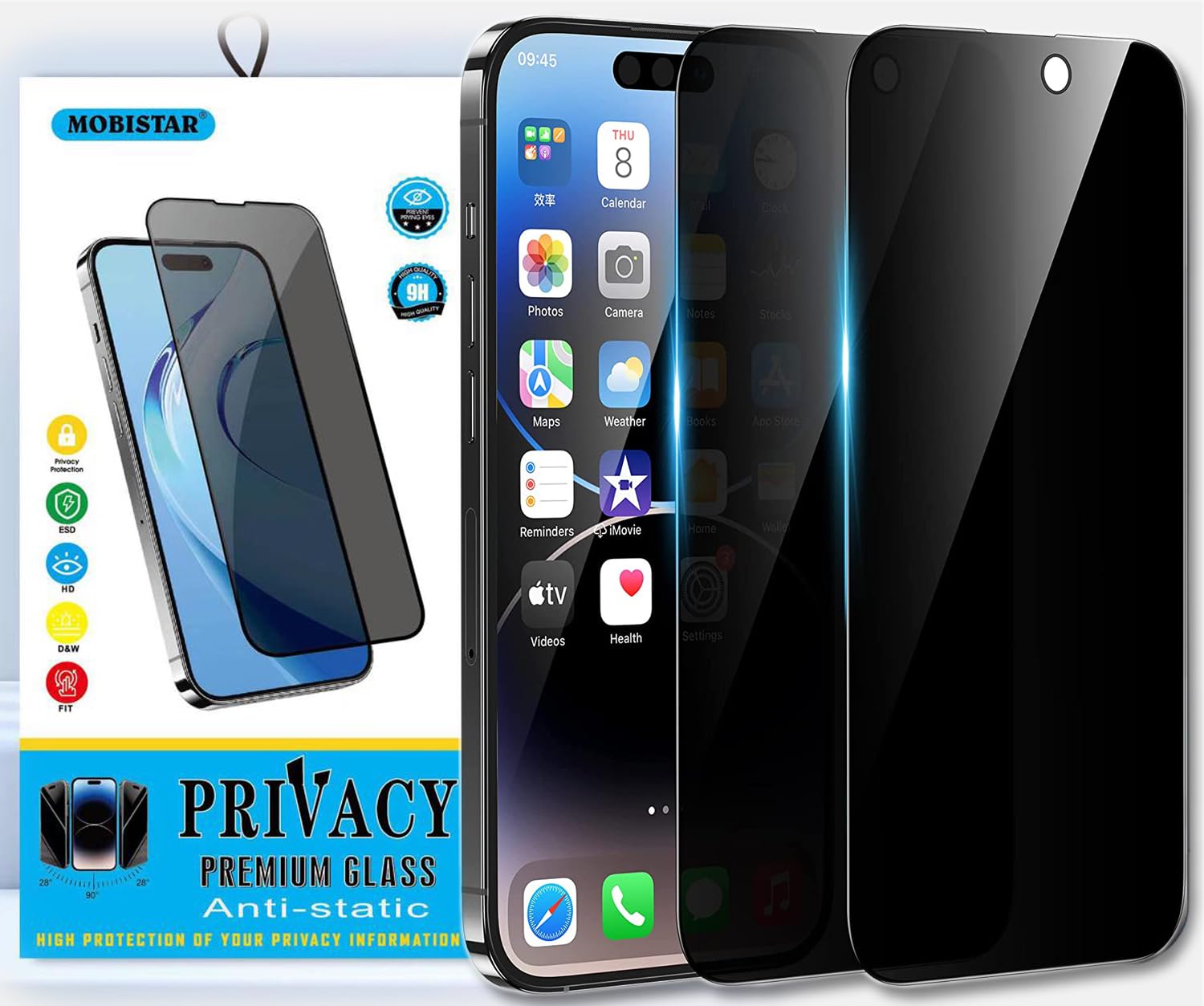 MOBISTAR® 2-Pack Privacy Screen Protector for iPhone 15 Pro 6.1'', Tempered Glass Anti-Spying Black Dark Screen Film Guard