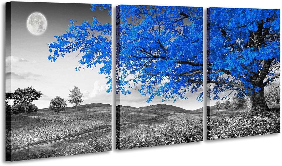 Tree with Blue Leaves Wall Art Paintings on Black and White Canvas Tree of Life Night Landscape Picture for Living Room Bedroom Wall Decor Stretched and Framed Ready to Hang 16x24 inch