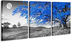 Tree with Blue Leaves Wall Art Paintings on Black and White Canvas Tree of Life Night Landscape Picture for Living Room Bedroom Wall Decor Stretched and Framed Ready to Hang 16x24 inch
