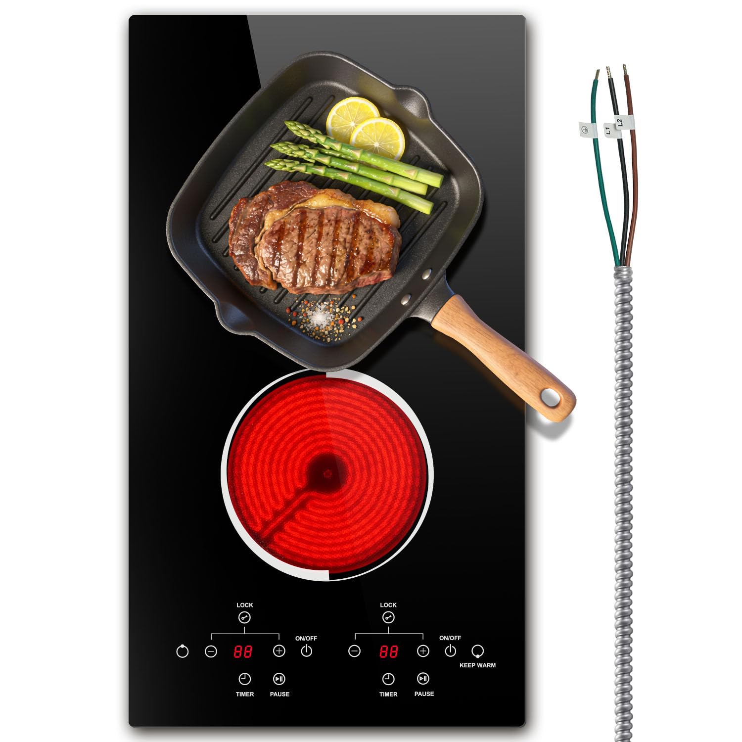 Photo 1 of 2 Burner Electric Cooktop with Hardwire 12 Inch, 240V Built in 3000W Ceramic Cooktop, Double Burner Electric Stove, Touch Control, Safety Lock, 9 Heating Levels, 99Mins Timer, Overheat Protection