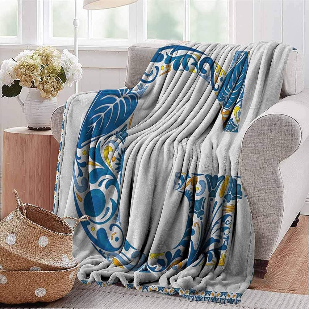 Stevenhome Letter G Kids Blanket Flower Letter G Natural Elements in Blue Tones Alphabet European Culture Super Soft Cozy Microfiber Couch Blanket Blue Yellow Orange W70 x L50 Inch