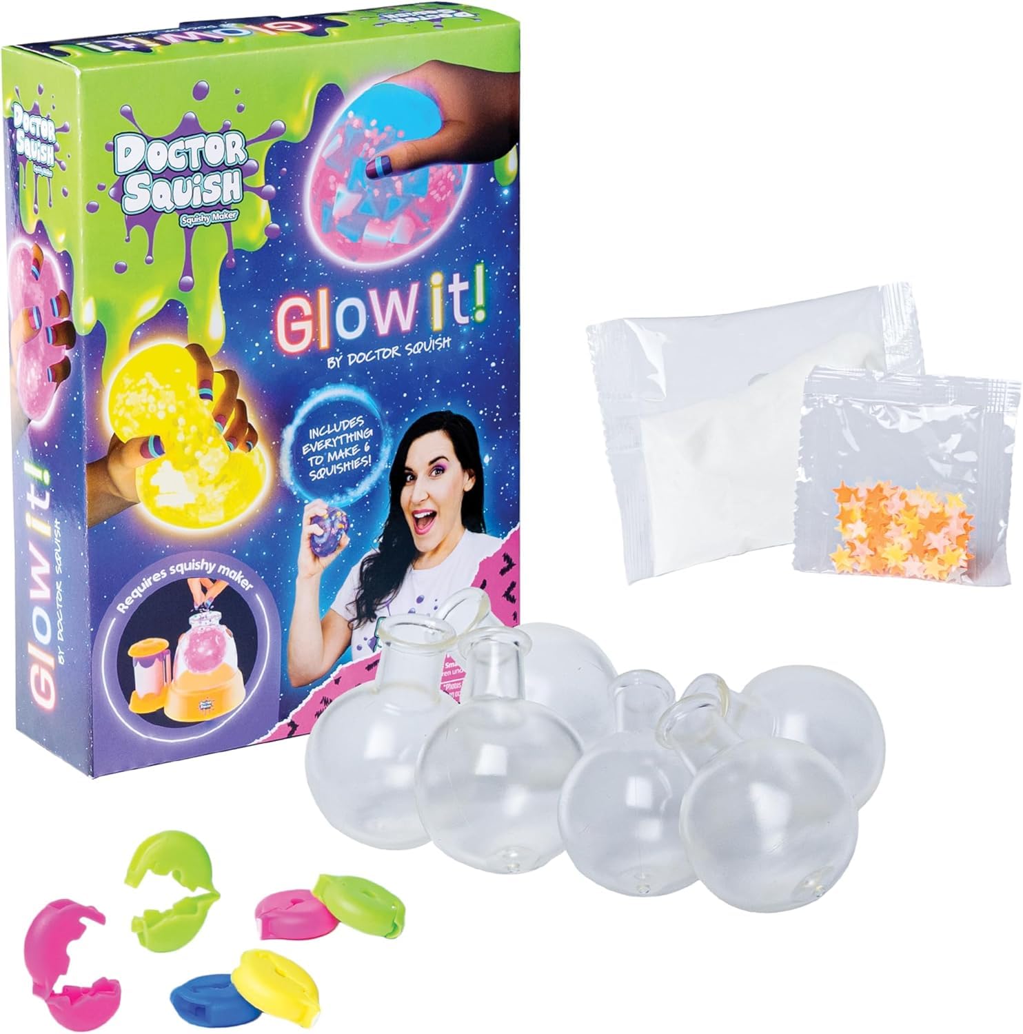 Doctor Squish Squishy Maker Neon Refill Pack | DIY Squishy Making Kit with 6 TPR Balloons, 6Reusable Clips, Glow in The Dark Sparkles & Slime Powder | Make Your Own Squishies | Ages 8 | Glow 1 Pack