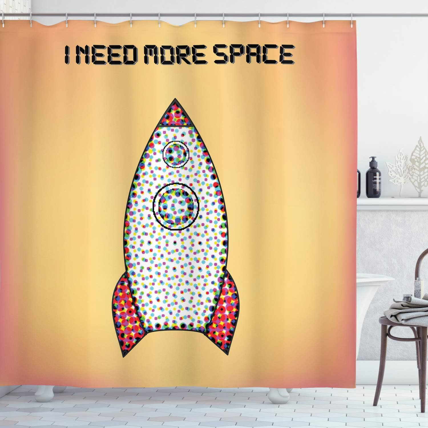 Amazon Com Ambesonne Vintage Shower Curtain Words With Radiant Tone Futuristic Spaceship Rocket Moon Cosmos Universe Humor Art Cloth Fabric Bathroom Decor Set With Hooks 84 Long Extra Yellow Coral Home Kitchen