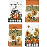 Artoid Mode Buffalo Plaid Bowknot Pumpkin Fall Kitchen Towels Dish Towels, 18x26 Inch Farmhouse Sunflower Thanksgiving Decoration Hand Towels Set of 4