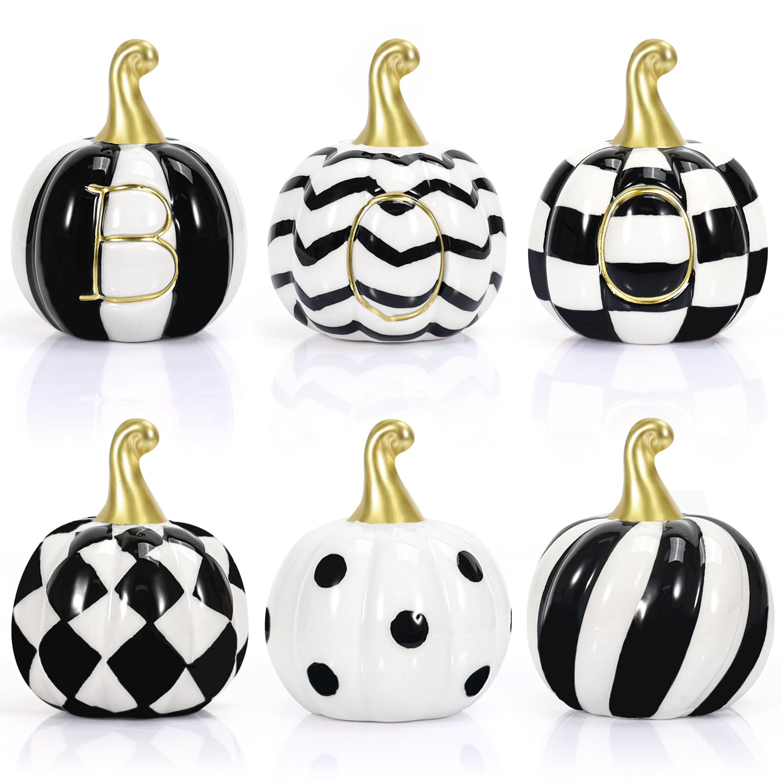 Photo 1 of Set of 6 Buffalo Plaid Ceramic Pumpkin Decor - Black and White Pumpkins, Tiered Tray for Table Centerpieces, Farmhouse Halloween Decorations