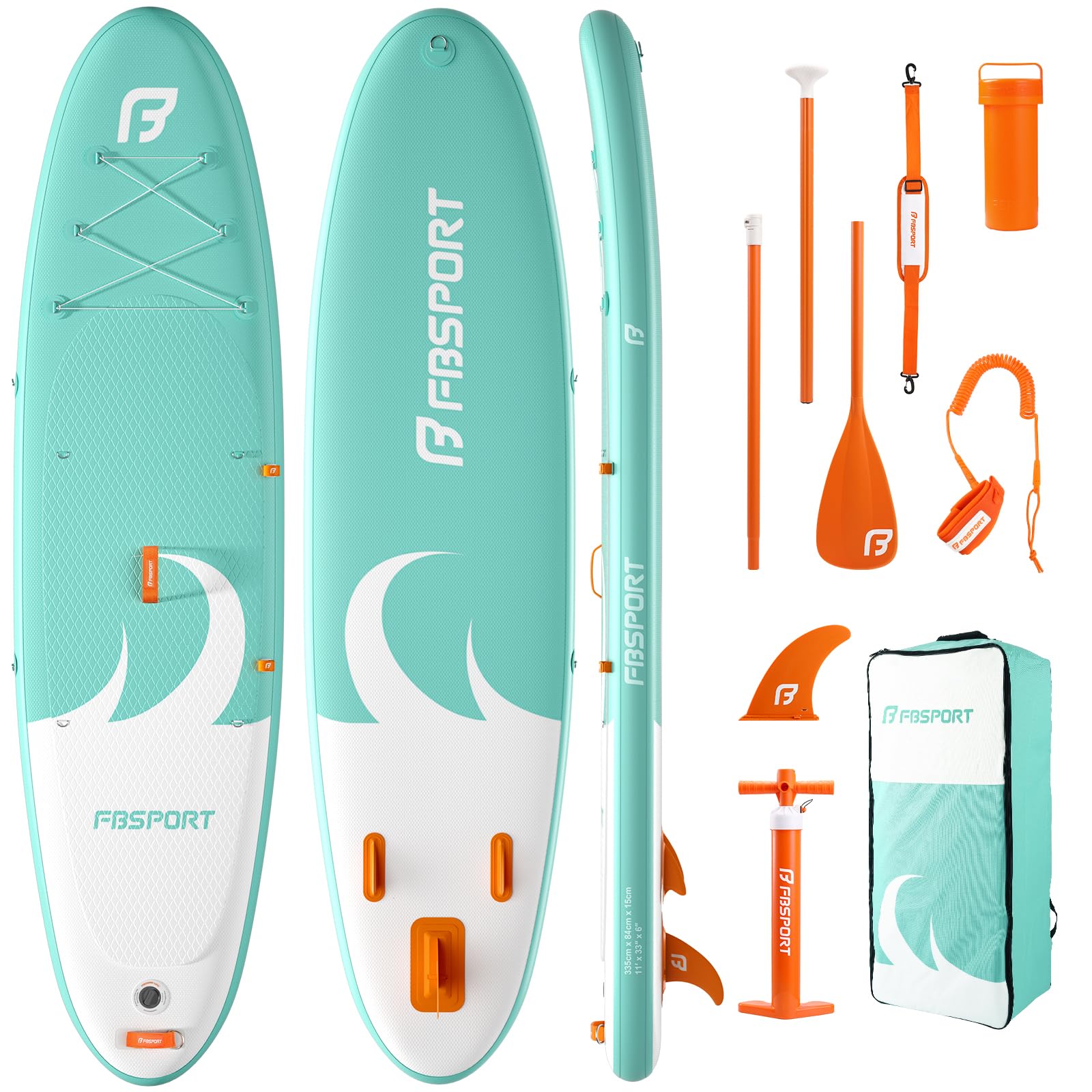 FBSPORT 11' Premium Stand Up Paddle Board, Yoga Board with SUP Accessories & Carry Bag | Wide Stance, Surf Control, Non-Slip Deck, Leash, Paddle and Pump for Youth & Adult(Light Green) Image