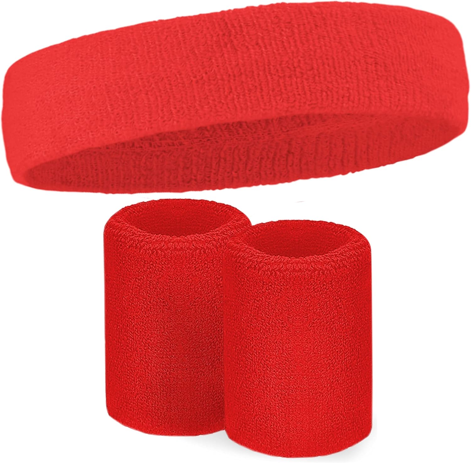 Sweatbands Set - Head & Wrist Sweat Bands - Terry Cloth Sweatbands for Tennis, Working Out, Sports, Basketball, Gym, Exercise - Headband & Wristbands for Men & Women - Stretchy & Soft Cotton - Red : Clothing