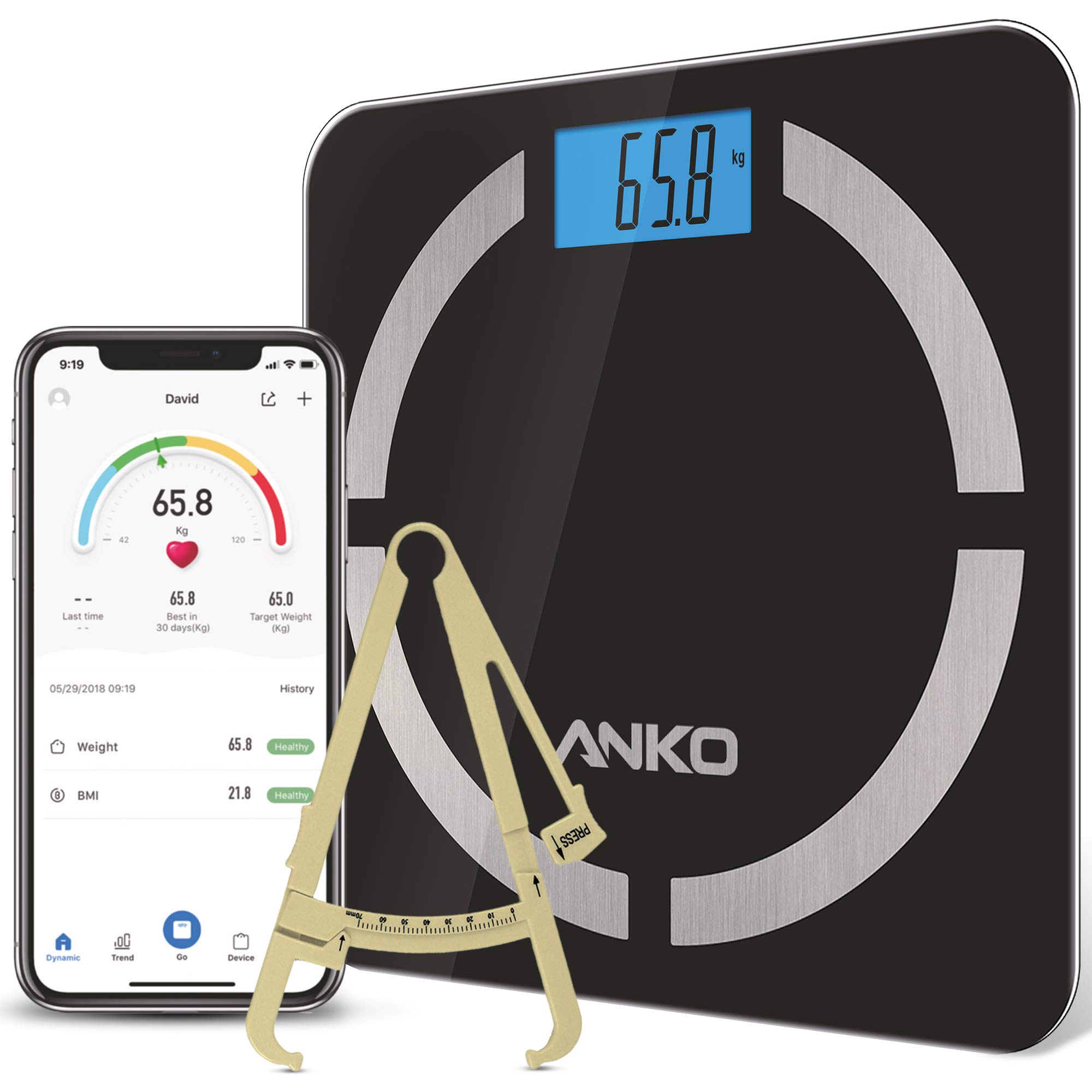 Anko Digital Body Weight Scale With Step On Technology 8 Body Composition Analysis With Free Okok International App Compatible With Ios Android Auto On Off Included Free Fat Caliper Buy Online