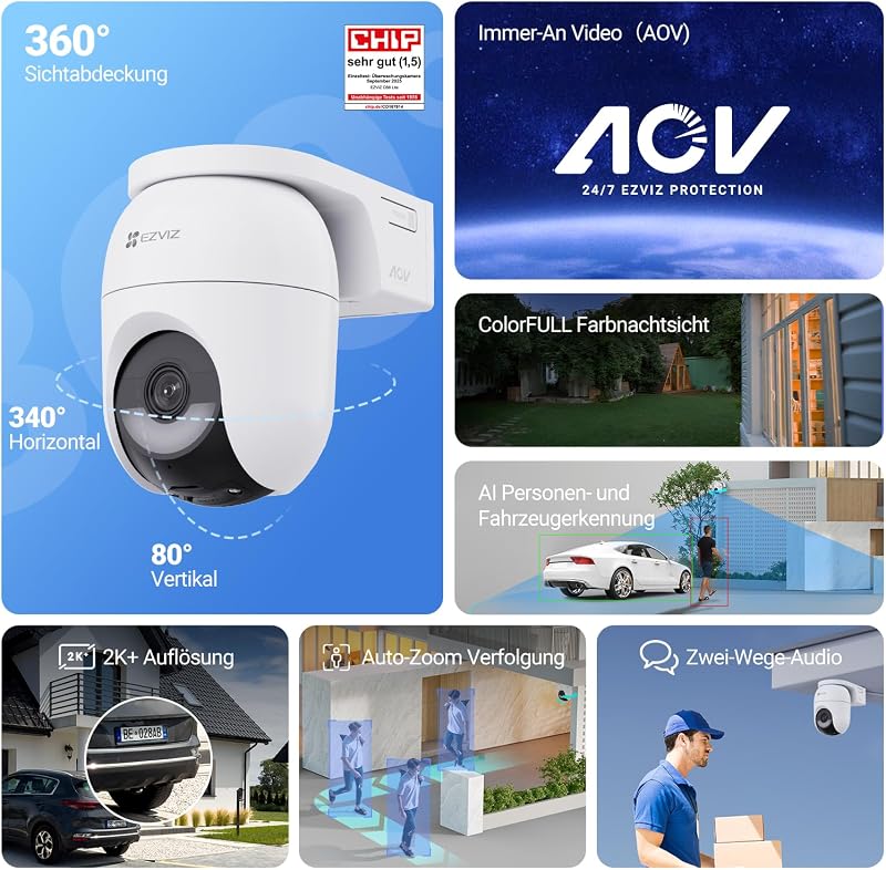 4MP PTZ Überwachungskamera Aussen Akku, Kabellose WLAN-Außenkamera, 360° Überwachung, Farbnachtsicht, KI Personen- und Fahrzeugerkennung, 2-Wege-Audio, CB8 Lite 2er Pack + 5W Solarpanel