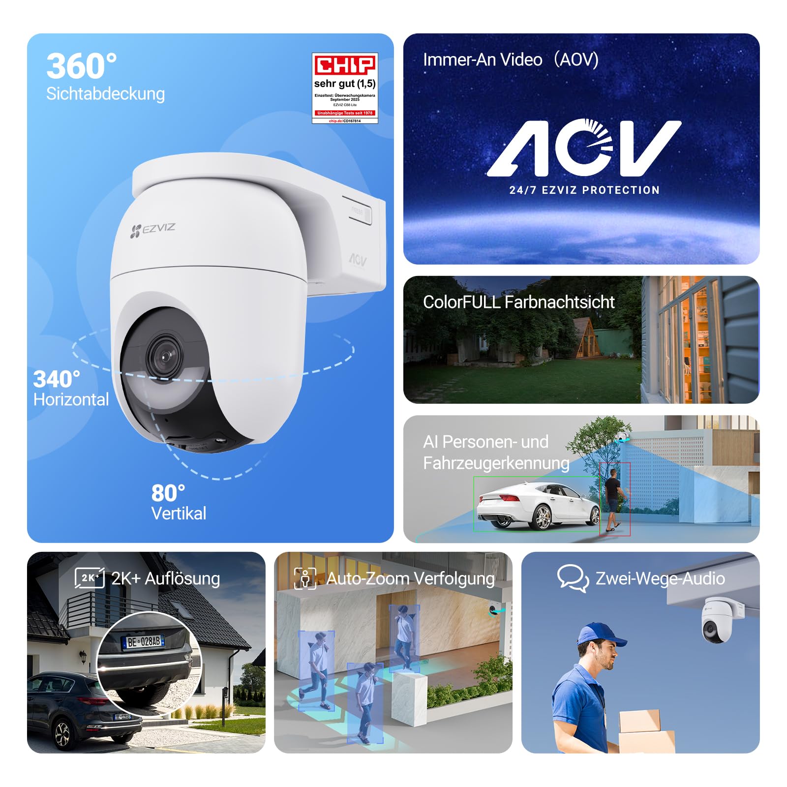EZVIZ 4MP PTZ Überwachungskamera Aussen Akku, Kabellose WLAN-Außenkamera, 360° Überwachung, Farbnachtsicht, KI Personen- und Fahrzeugerkennung, 2-Wege-Audio, CB8 Lite mit 5W Solarpanel 2