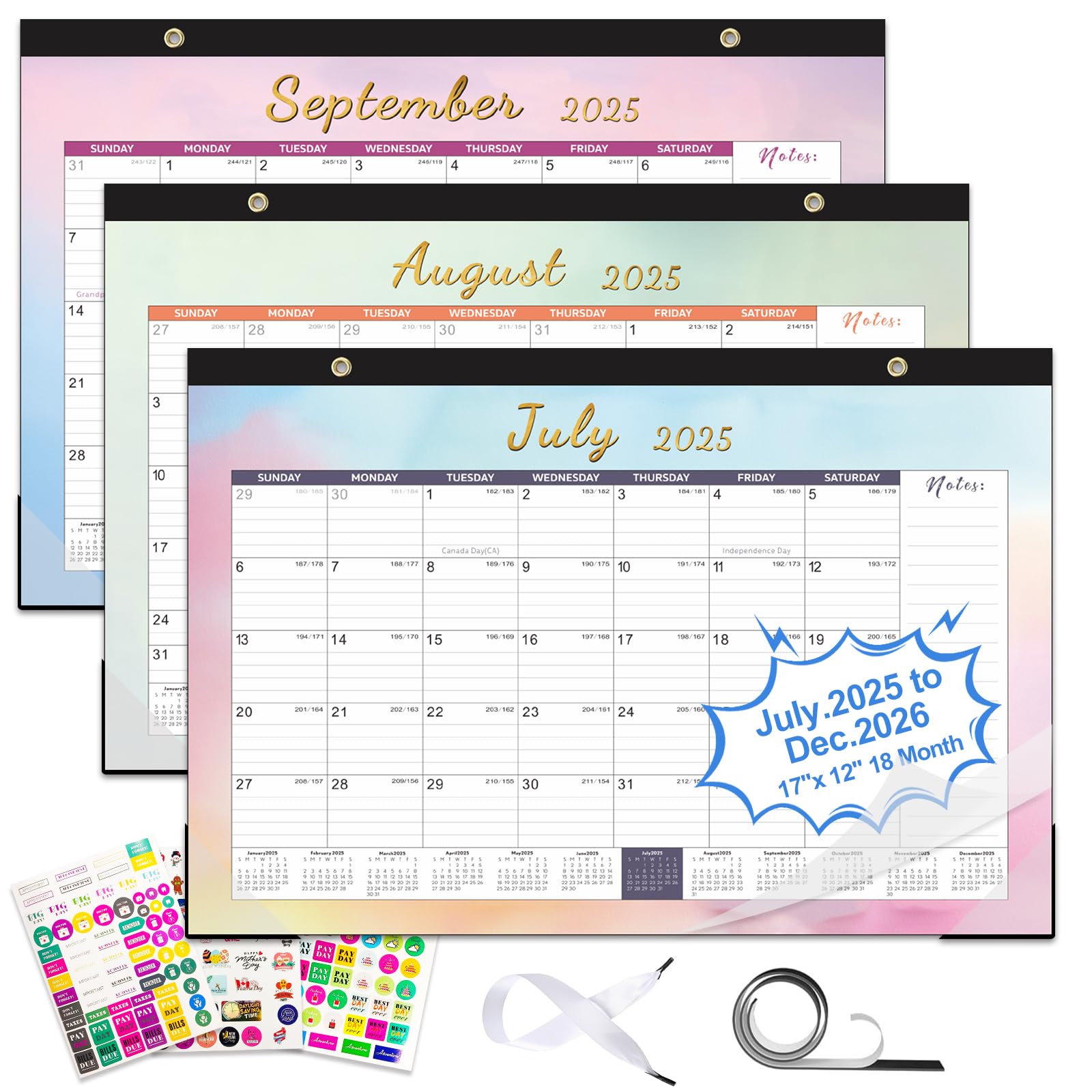 Photo 1 of Gannyfer Desk Calendar 2025-2026, Magnetic Calendar for Refrigerator, July 2025 -Dec 2026, 18 Monthly Large Yearly Desktop/Wall Calendar with Stickers Plastic Cover Hanging String, for Office, Home or School, 17" x 12"