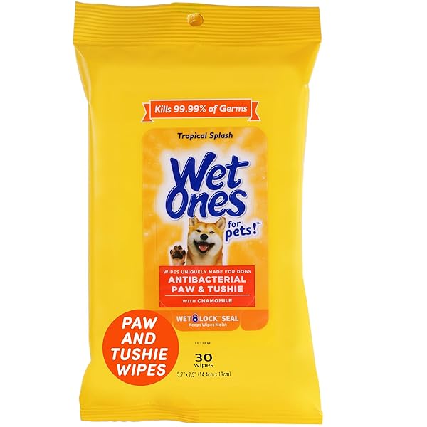 WET ONES FOR PETS PAW & TUSHIE DOG WIPES WITH CHAMOMILE, TROPICAL SPLASH SCENT – CLEANSING DOGGIE WIPES FOR BETWEEN BATHS, SCENTED TRAVEL GROOMING WIPES, DOG WIPES FOR PAWS AND BUTT, 30 COUNT