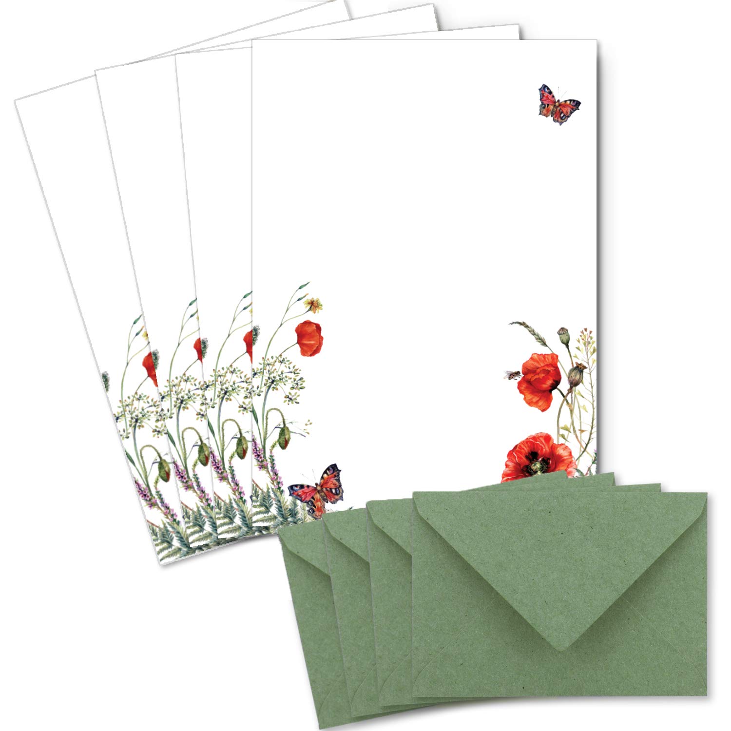 Glüxx Agent 25 Sets of Letter Paper DIN A4 – Natural Paper with Poppy Motif – with Envelopes DIN C6 in Green Kraft Paper – Printable – Ideal for Wedding Invitations