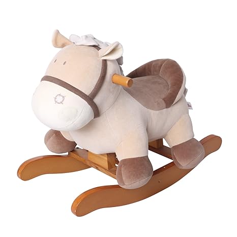labebe Baby Schaukelpferd Holz, Schaukelpferd Plüsch, Schaukeltier Esel Hellbraun für Baby 1-3 Jahre Alt, Schaukelpferd Braun