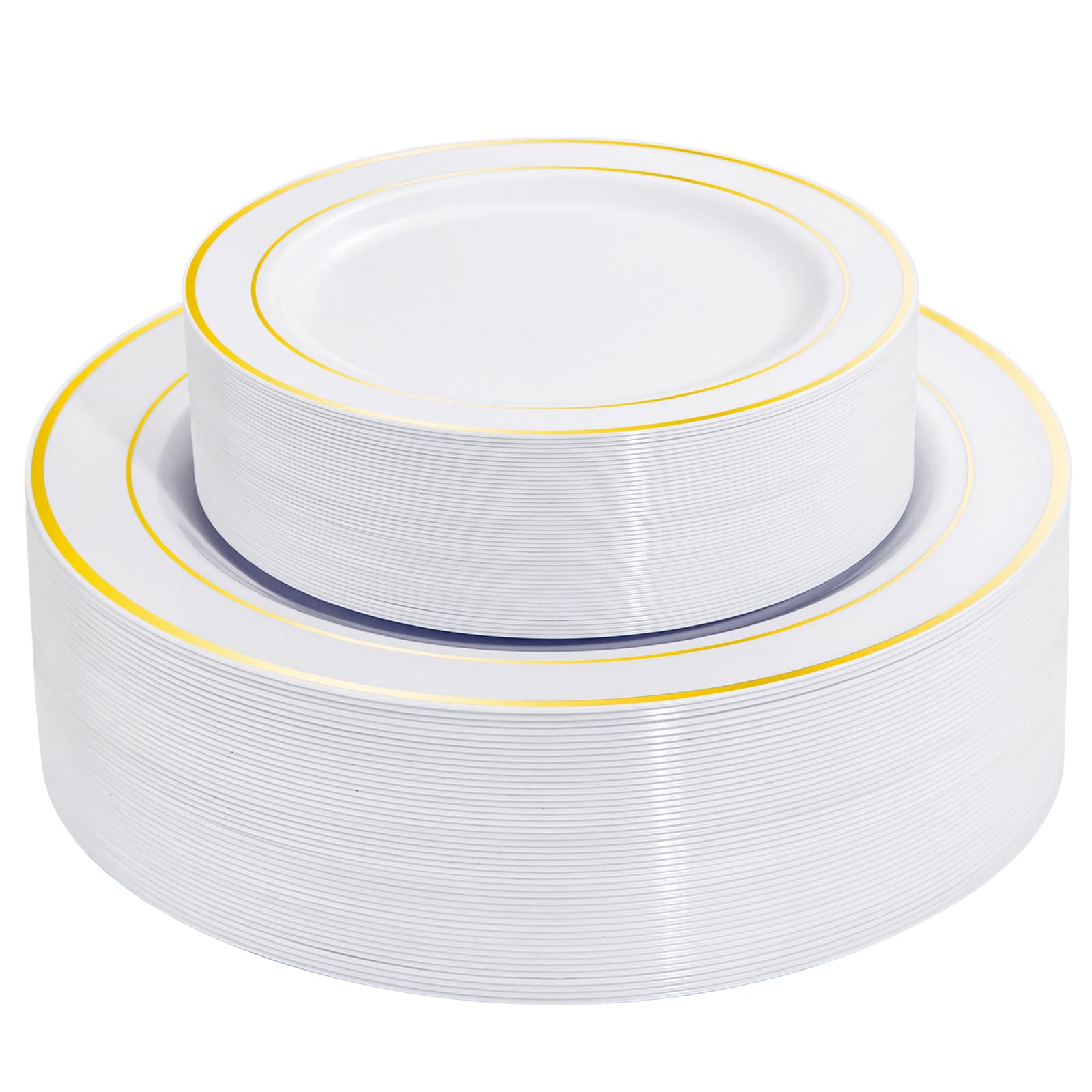 Photo 1 of I00000 60 Pieces Gold Plastic Plates, Heavy Duty White and Gold Plastic Plates for 30 Guests Include: 30 Gold Rim Dinner Plates and 30 Gold Dessert Plates Perfect for Wedding, Party & Mother's Day