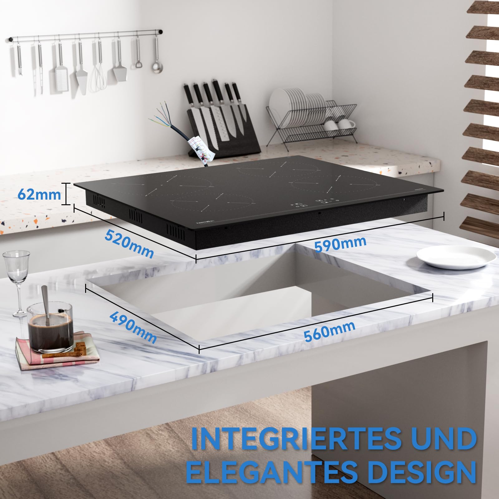 Hermitlux Induktionskochfeld 60cm, Einbau Kochfeld 4 Zonen mit Booster, 9 Leistungsstufen, Touch-Bedienung, Kindersicherung und Timer, 7200W 2
