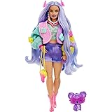 Barbie Doll with Pet Koala, Barbie Extra, Kids Toys, Clothes and Accessories, Wavy Lavender Hair, Colorful Butterfly Sweater,