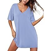 Ekouaer Nightgowns for Women Bamboo Viscose Sleepshirt Short sleeve Nightshirt V Neck T shirt Night gown Boyfriend Sleepwear