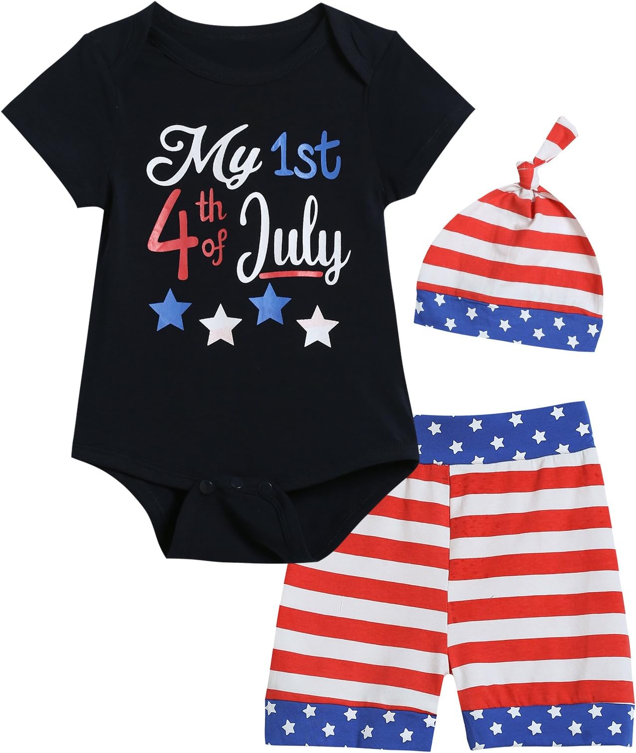 Baby Boys Girls 3PCS Outfit Set Bodysuit USA Flag Shorts with Hat