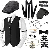 1920s Mens Costume Accessories Set for Adult, Roaring Retro 20s Gatsby Gangster Costume Outfit with Vest Beret Pocket Watch