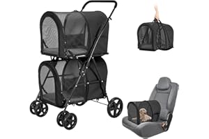 LPOTIUS Double Pet Stroller for Dogs and Cats with 2 Detachable Carrier, Quick-Folding Dog Stroller for Medium Small Dogs Cats, 4 Wheels, Black