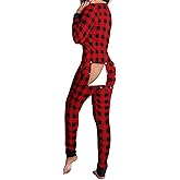 UAURORAO Women Christmas One Piece Pajamas Bodycon Red Buffalo Plaid Xmas Onesie Pjs Cute Printed Holiday Sexy Butt Flap Jumpsuit Sleepwear(Plaid Red,Large)