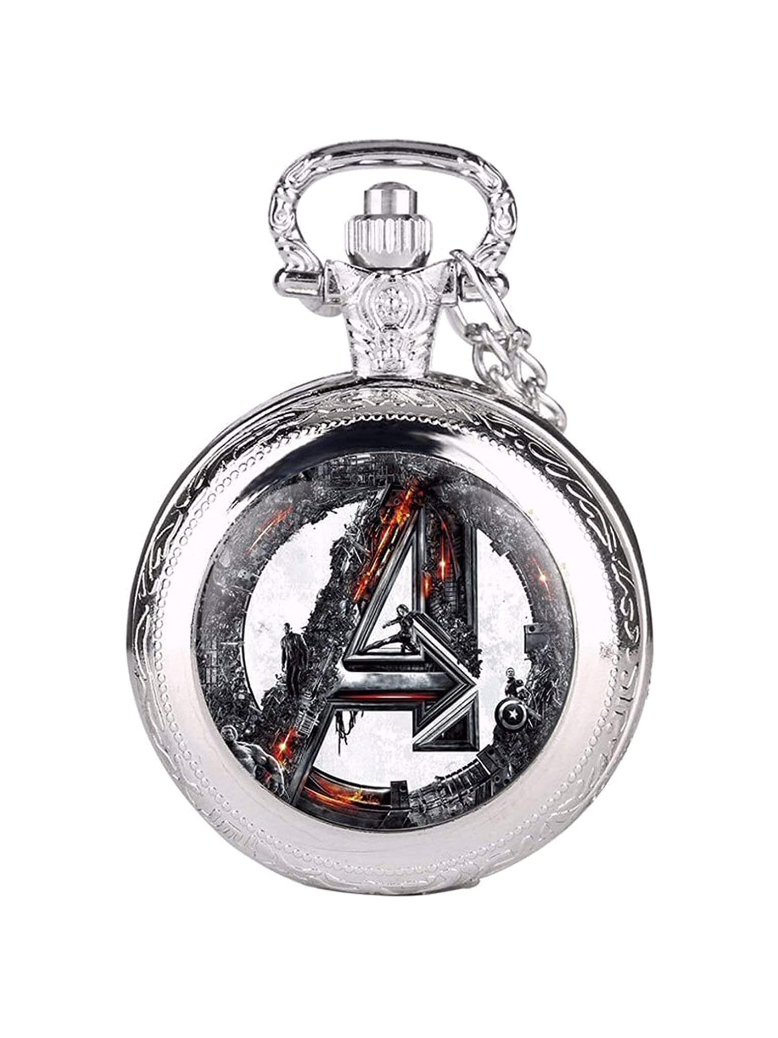 Avenger Polished Silver Finish Vintage Quartz Pocket Watch Necklace for Men Women Children - Full Hunter - On 32" Inch/80cm Chain