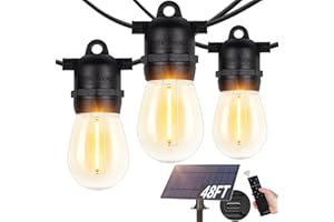 BesLowe 48FT S14 Solar String Lights Outdoor with Remote Controller, Solar Powered Patio Lights Waterproof with LED Edison Bulbs, Dimmable Hanging Lights for Outside Backyard Porch, USB Rechargeable
