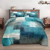 WeCozy Queen Size Comforter Set with 2 Pillowcases, Painting Contemporary Teal Turquoise Grey Soft 3 Pcs Bedding for Kids and Adults Bedroom Bed Decor