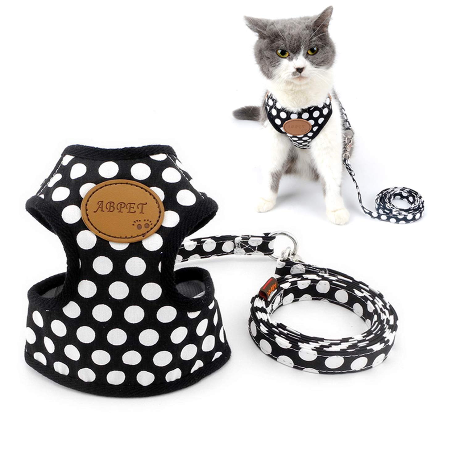 Ranphy Polka Dot Small Dog Cat Harness and Lead Set Escape Proof No Pull Soft Mesh Padded Vest Harness Adjustable Girls Boys Puppy for Training Walking Jacket and Leash Set Black S — image 1