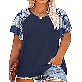 HDLTE Womens Plus Size Tops Floral Bell Sleeves Blouses Summer Crewneck Tunic Loose Casual T Shirts