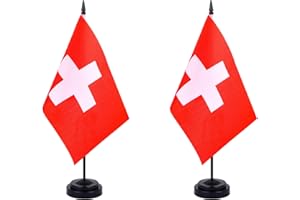 JBSJBS Switzerland Desk Flag 12" Solid Pole Deluxe Set Swiss Flags Banner Mini Small Switzerland Office Table Flags with Black Stand Base Desktop Decorations(2Pack)