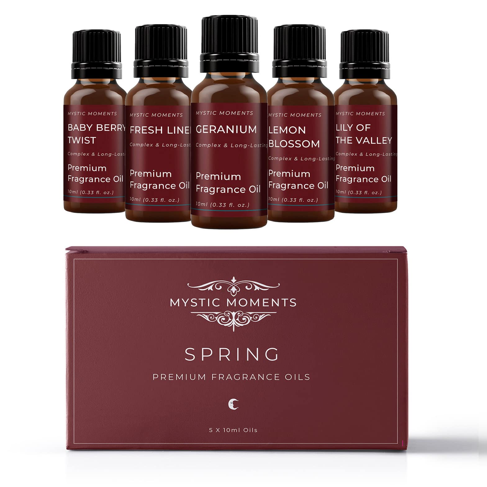 Mystic Moments | Spring Fragrance Oil Gift Starter Pack 5x10ml | Baby Berry Twist, Fresh Linen, Geranium, Lemon Blossom, Lily of the Valley | Perfect as a gift