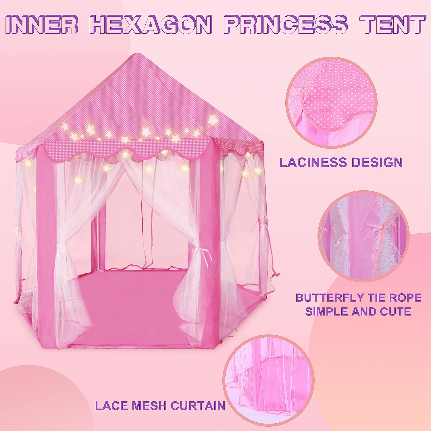 Kid's Play Tent, Ceither Princess Castle Girls Playhouse with Star Lights, 55