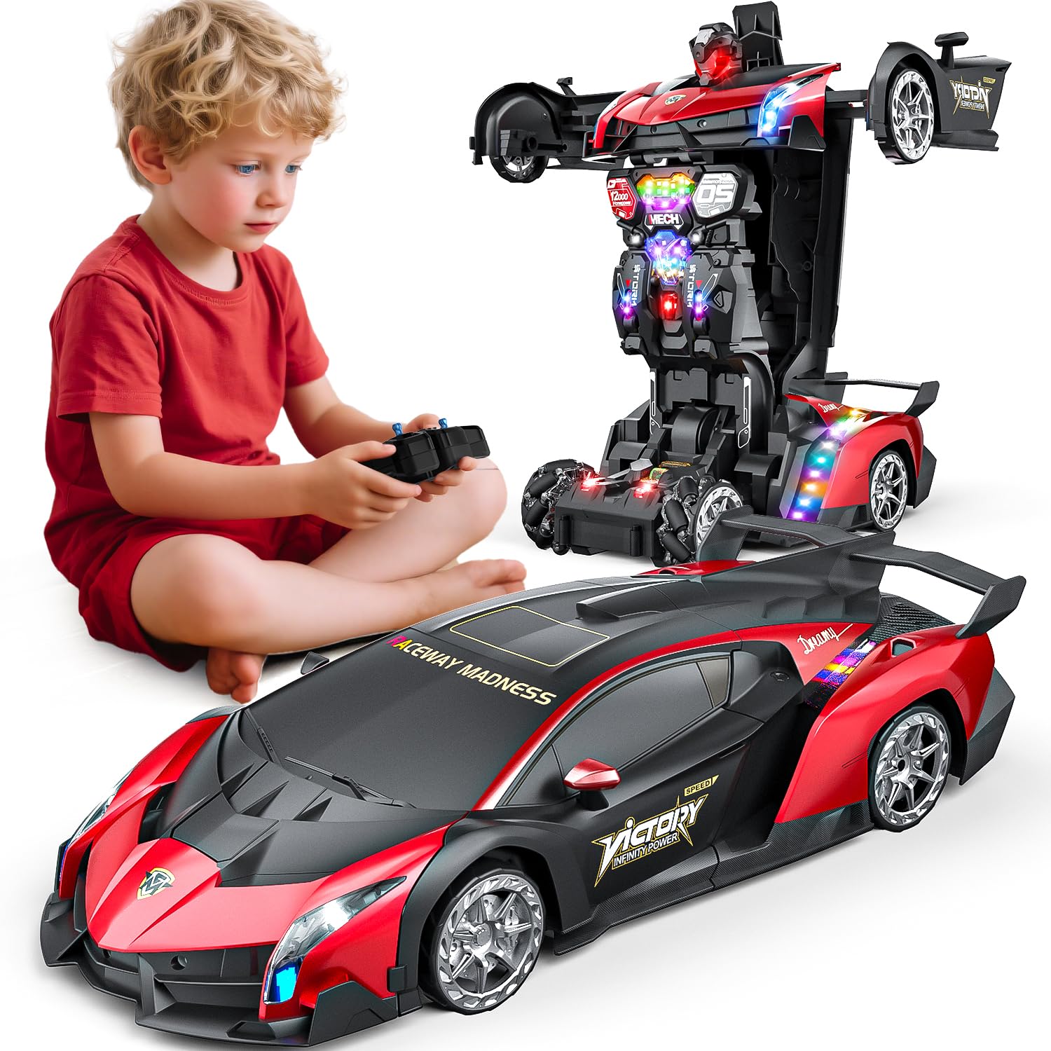 Photo 1 of Holyton Transformer Remote Control Cars, Transform Robot RC Toys, 1:10 Scale, One-Button Robot, 2 Batteries 80 Mins Playtime, LED Lights, Sound Effects, ideal gift for 5 6 7 8 9 10 11 12 Years Old Boy