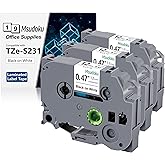 Msudoku 3 Pack 12mm 0.47 Extra Strength Adhesive Laminated White Tape Compatible for Brother TZ TZe S231 for Ptouch PT D210 D200 H110 H100, 1/2'' x 26.2ft Black on White