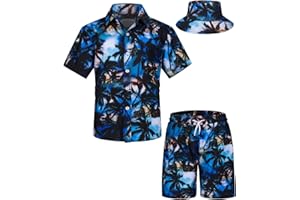 TUNEVUSE Little & Big Boys Hawaiian Button Down Shirts and Short Sets with Bucket Hat Summer Outfits Printed Kids Cabana Set