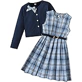 PureChapter Girls' Preppy Clothes Plaid Vest Dress Cardigan Jacket Belt Cute Kids Clothes 7-14Y Green
