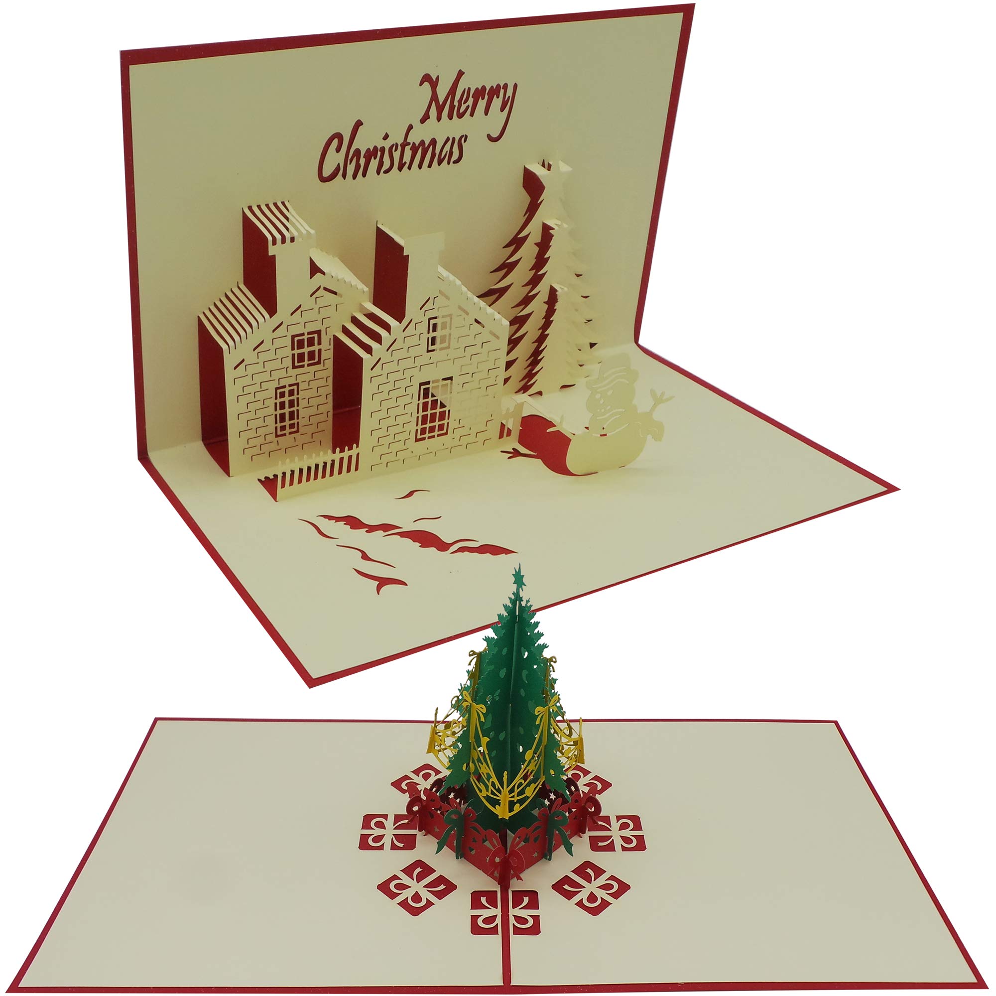 Pack of 2 3D Pop Up Deluxe Christmas Cards, Special Seasonal Greeting Cards for Your Special Family and Friends(House and Tree)
