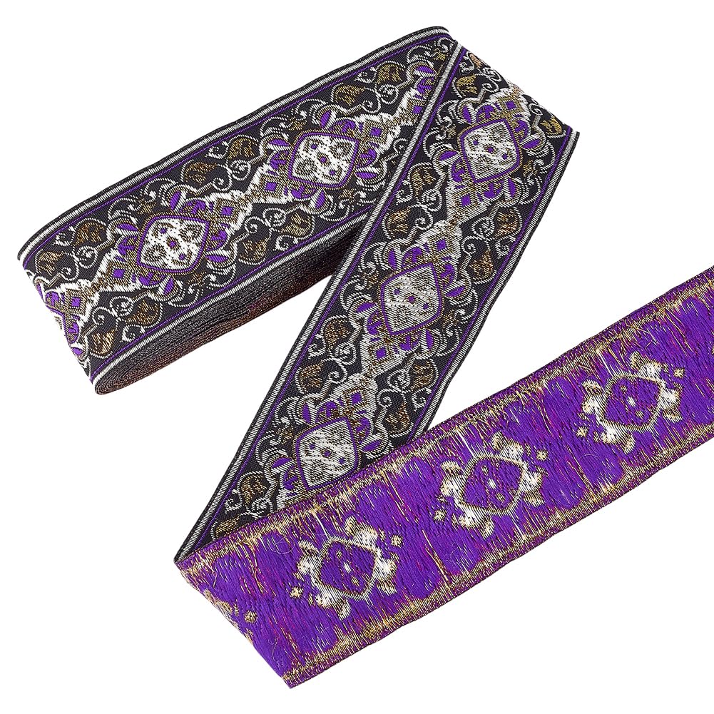 FINGERINSPIRE 7m Black Purple Vintage Jacquard Ribbon 48mm Dark Orchid Flower Pattern Embroidery Woven Trim Ethnic Polyester Fabric Trim Retro Tyrolean Ribbon for Clothing and Craft Decor