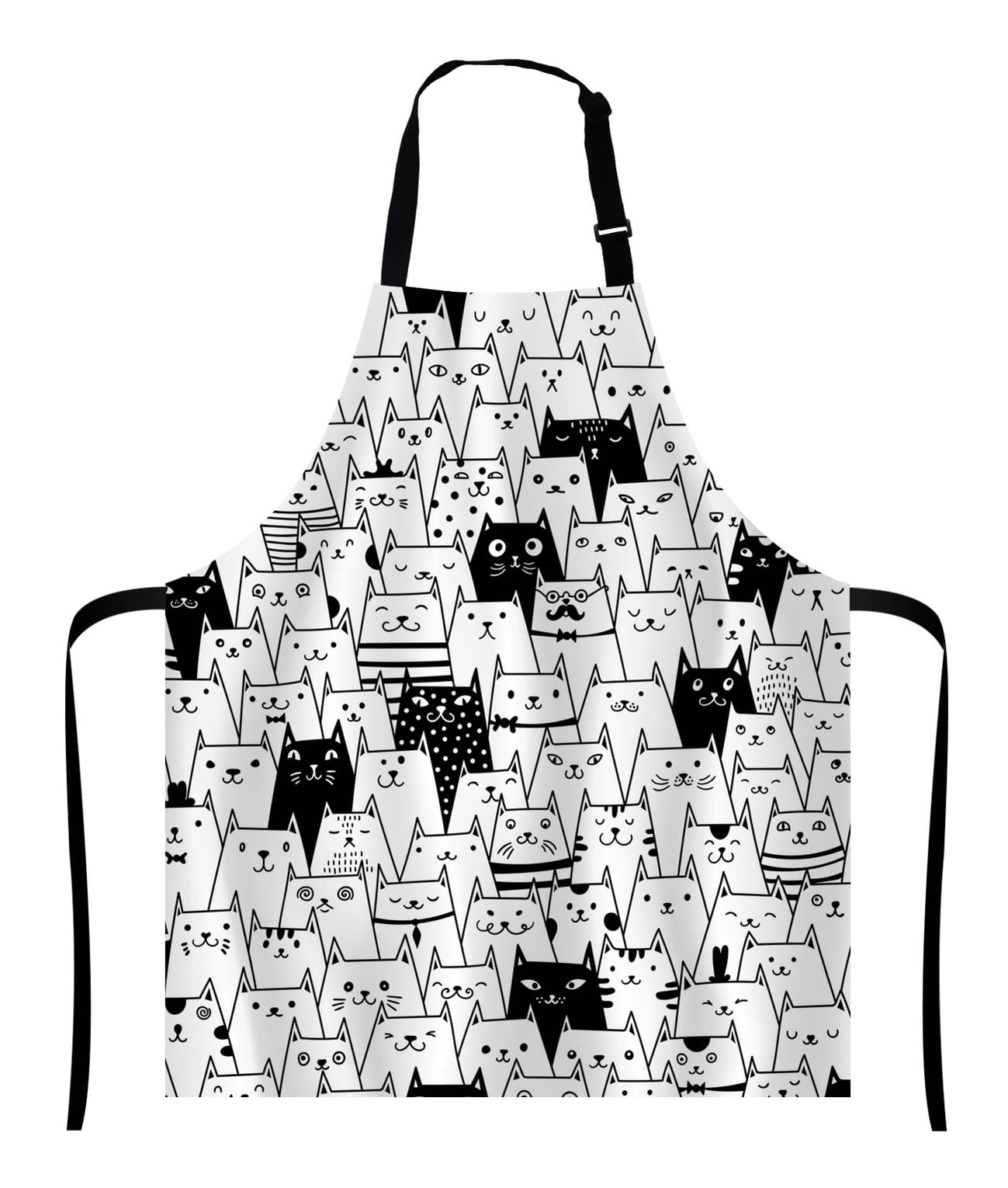 Wasach Cute Cartoon Black White Cats Bib with Adjustable Neck for Men Women,Suitable for Home Kitchen Cooking Waitress Chef Grill Bistro Baking BBQ