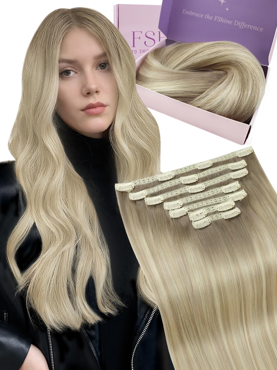 Fshine Hair Extensions Clip in 14 Inch Light Brown to Bleach Blonde with Light Brown Clip in Hair Extensions Real Human Hair Soft Hair Real Hair Extensions Clip in 120 Grams 7 Pieces — image 1