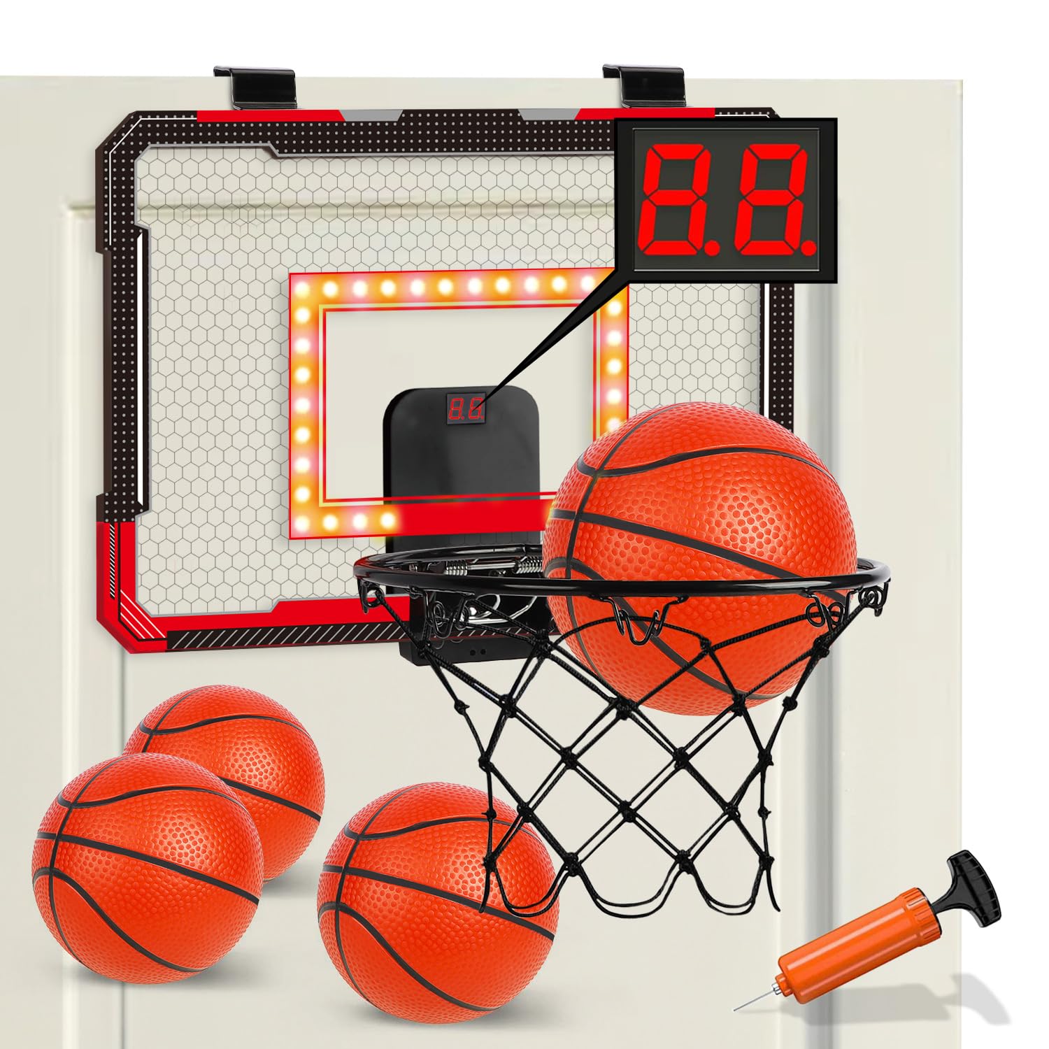 Photo 1 of TOY Life LED Indoor Basketball Hoop for Kids, Over The Door Basketball Hoop Indoor Wall Mount with LED Scoreboard 4 Balls&Inflator, Basketball Game Toy for 3-9 Year Old