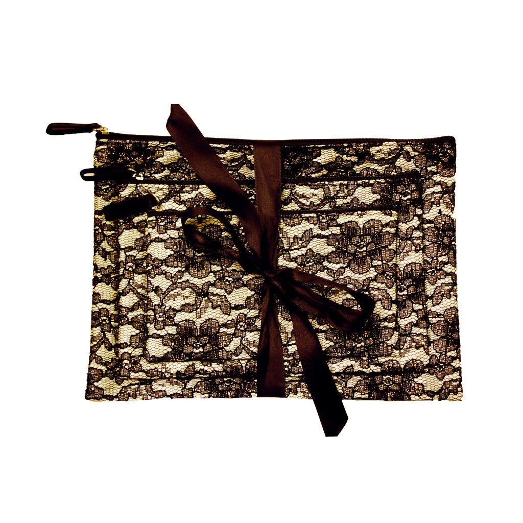 Mia Cosmetic bags gift set of 3; 3 sizes tied with shiny black ribbon bags - Light Gold Satin (5Th Color) With Black Lace Overlay; Black Zipper And Black Satin Puller, Waterproof Inside