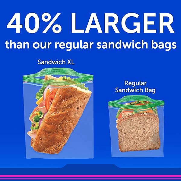 ZIPLOC XL SANDWICH AND SNACK BAGS WITH EASYGUIDE TEXTURE, PLASTIC STORAGE BAGS WITH GRIP ‘N SEAL TECHNOLOGY, 30 BAGS TOTAL