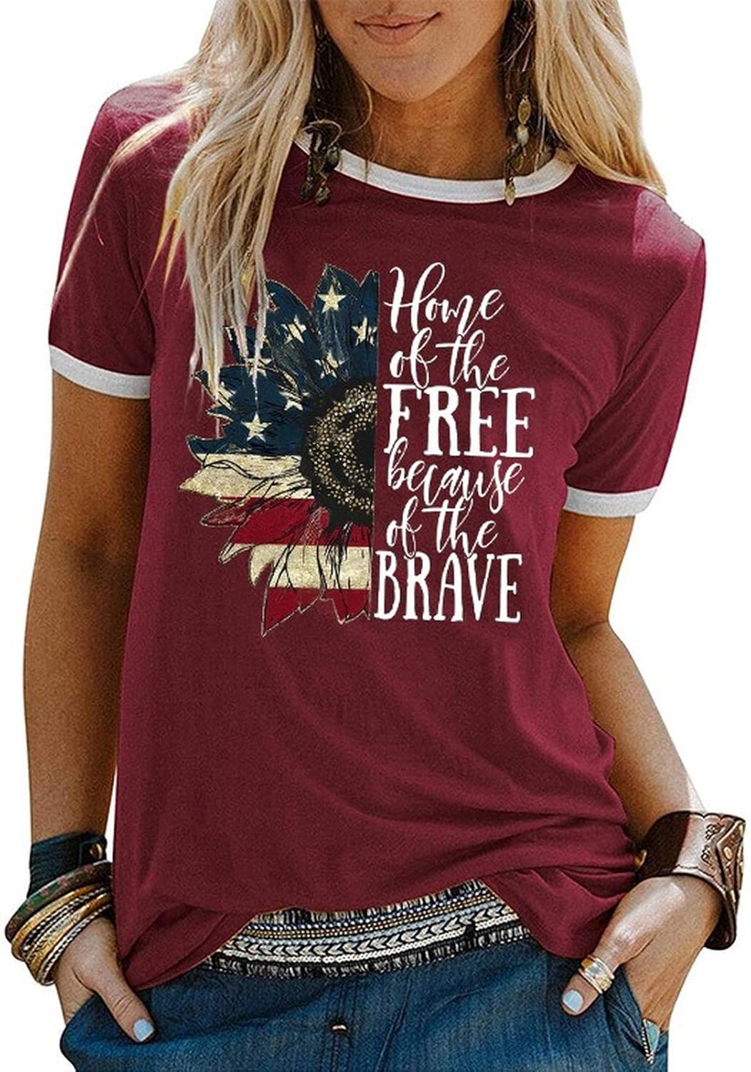 YourTops Women Home of The Free Because of The Brave T-Shirt American Flag Shirt