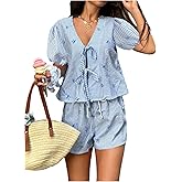 WDIRARA Women's Striped 2 Piece Set Bow Tie Blouse Drawstring Shorts Vacation Leisure Outfits