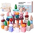 YHHYTOY 48 PCS Wooden Stacking Rocks Stones Building Blocks, Montessori Toys for 3+ Year Old Preschool Learning Activities Balancing Stacking Game, Birthday Gifts for 3 4 5 6 Year Old Girls Boys Kids
